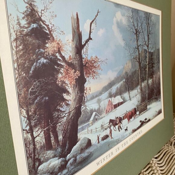 VTG Green Matted CURRIER & IVES Print 1958 Calendar Top - Winter in the Country - Picture 4 of 7